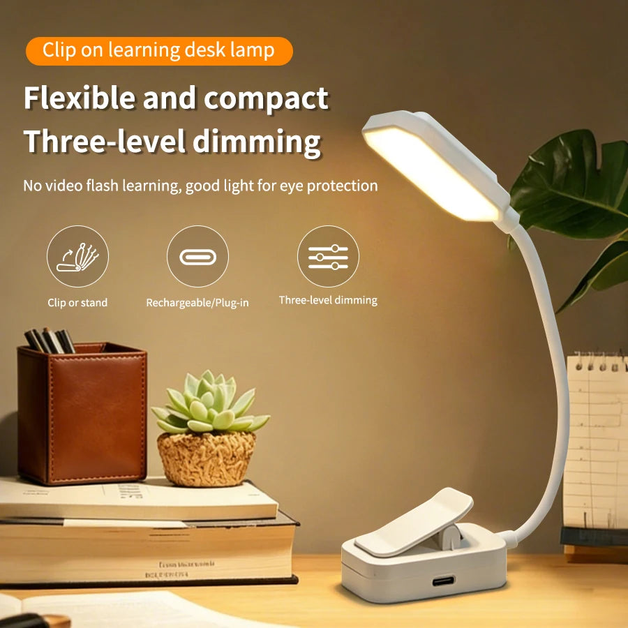 USB Rechargeable Mini LED Clip On Book Light for Reading, Study & Work.
