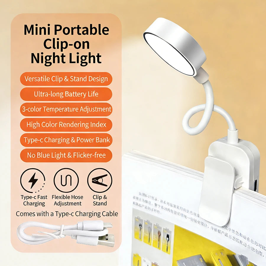 USB Rechargeable Mini LED Clip On Book Light for Reading, Study & Work.