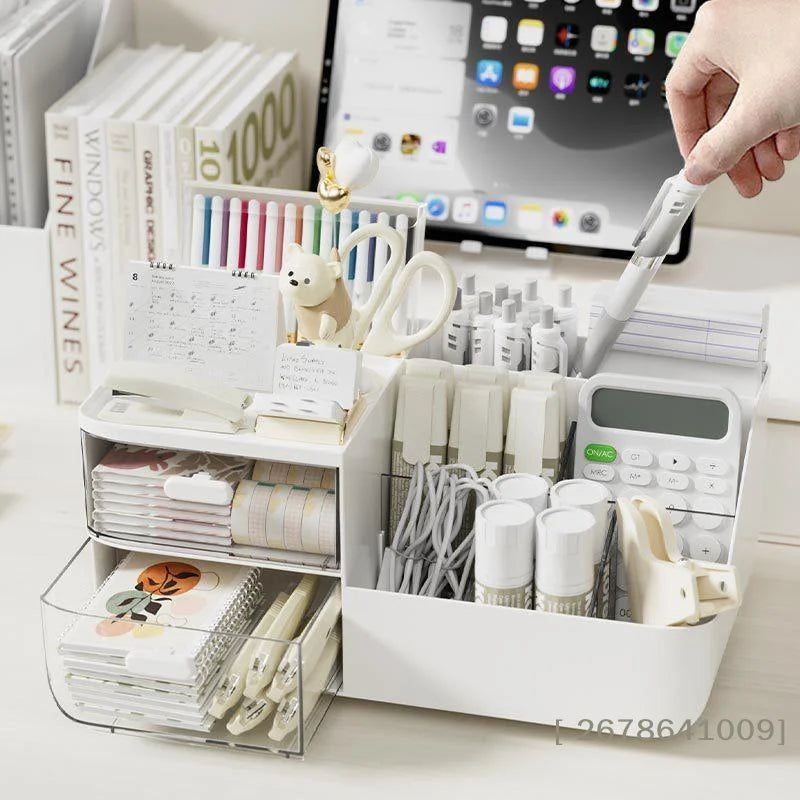 〔L〕Desktop Plastic Storage Organizer with 2 Drawers Multi Grid Desk Caddy for Stationery Cosmetic Office Supplies
