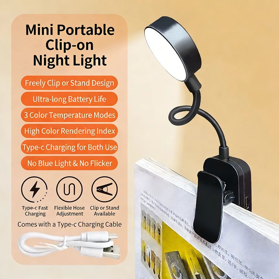 USB Rechargeable Mini LED Clip On Book Light for Reading, Study & Work.