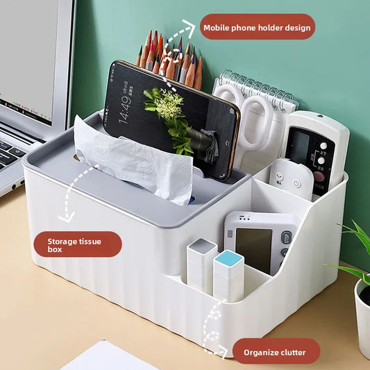 6-Section Desk Organizer - Multifunctional Tissue Box With Remote Holder Plastic Storage For Living Room Kitchen & Office