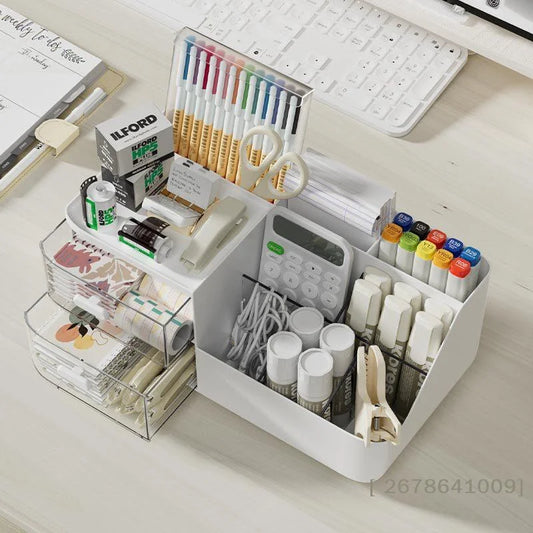 〔L〕Desktop Plastic Storage Organizer with 2 Drawers Multi Grid Desk Caddy for Stationery Cosmetic Office Supplies
