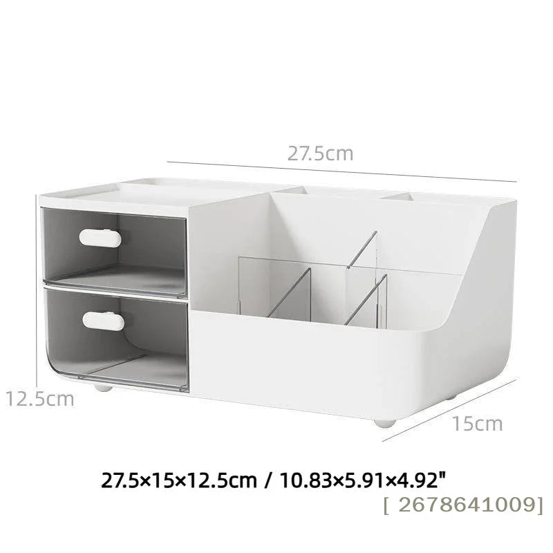 〔L〕Desktop Plastic Storage Organizer with 2 Drawers Multi Grid Desk Caddy for Stationery Cosmetic Office Supplies