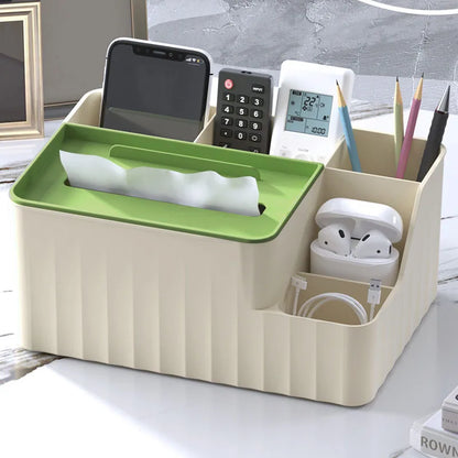 6-Section Desk Organizer - Multifunctional Tissue Box With Remote Holder Plastic Storage For Living Room Kitchen & Office