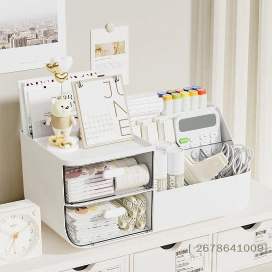 〔L〕Desktop Plastic Storage Organizer with 2 Drawers Multi Grid Desk Caddy for Stationery Cosmetic Office Supplies