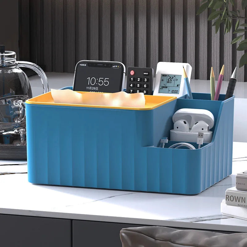 6-Section Desk Organizer - Multifunctional Tissue Box With Remote Holder Plastic Storage For Living Room Kitchen & Office