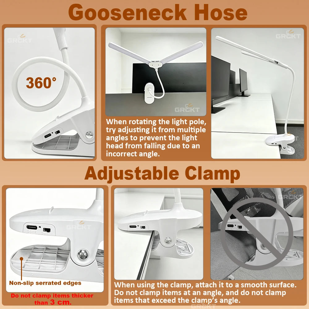 Rechargeable LED Clamp Lamp for Bedroom & Study