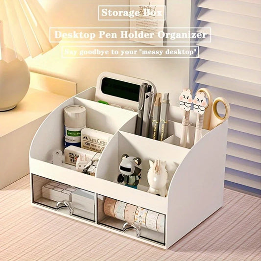 Desk Organizer with 2 Drawers, Plastic Cosmetic Storage, Desktop Organizer Set, Pencil Holder, Perfect for Storage WORLDKPI