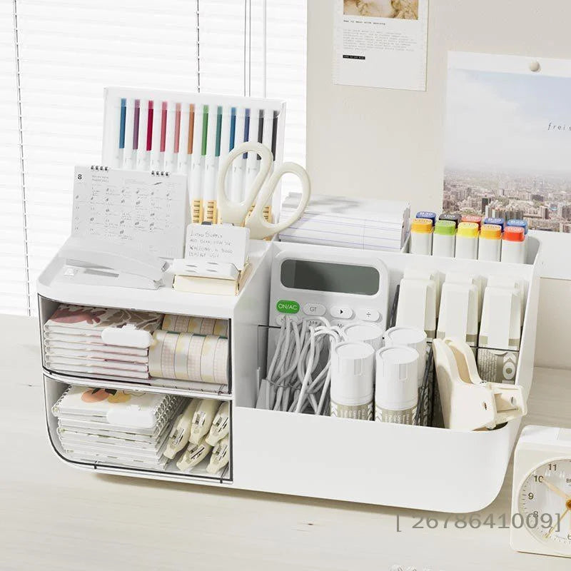 〔L〕Desktop Plastic Storage Organizer with 2 Drawers Multi Grid Desk Caddy for Stationery Cosmetic Office Supplies