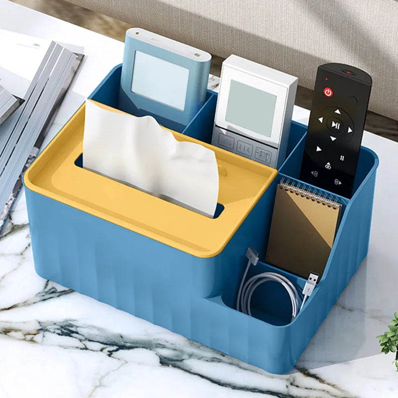 6-Section Desk Organizer - Multifunctional Tissue Box With Remote Holder Plastic Storage For Living Room Kitchen & Office